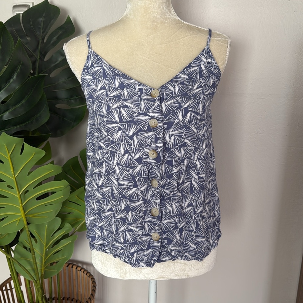 Joules linen blend carper print blue shells tank top